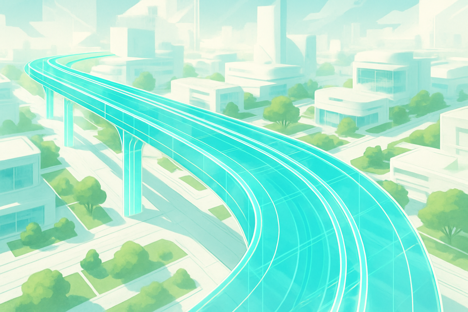 Futuristic city with a glowing data rail